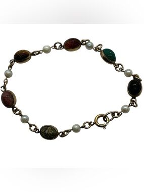 Vtg Hand Carved Multi Gemstone Scarab Beetle Bracelet 12 Kt GF Egyptian Revial